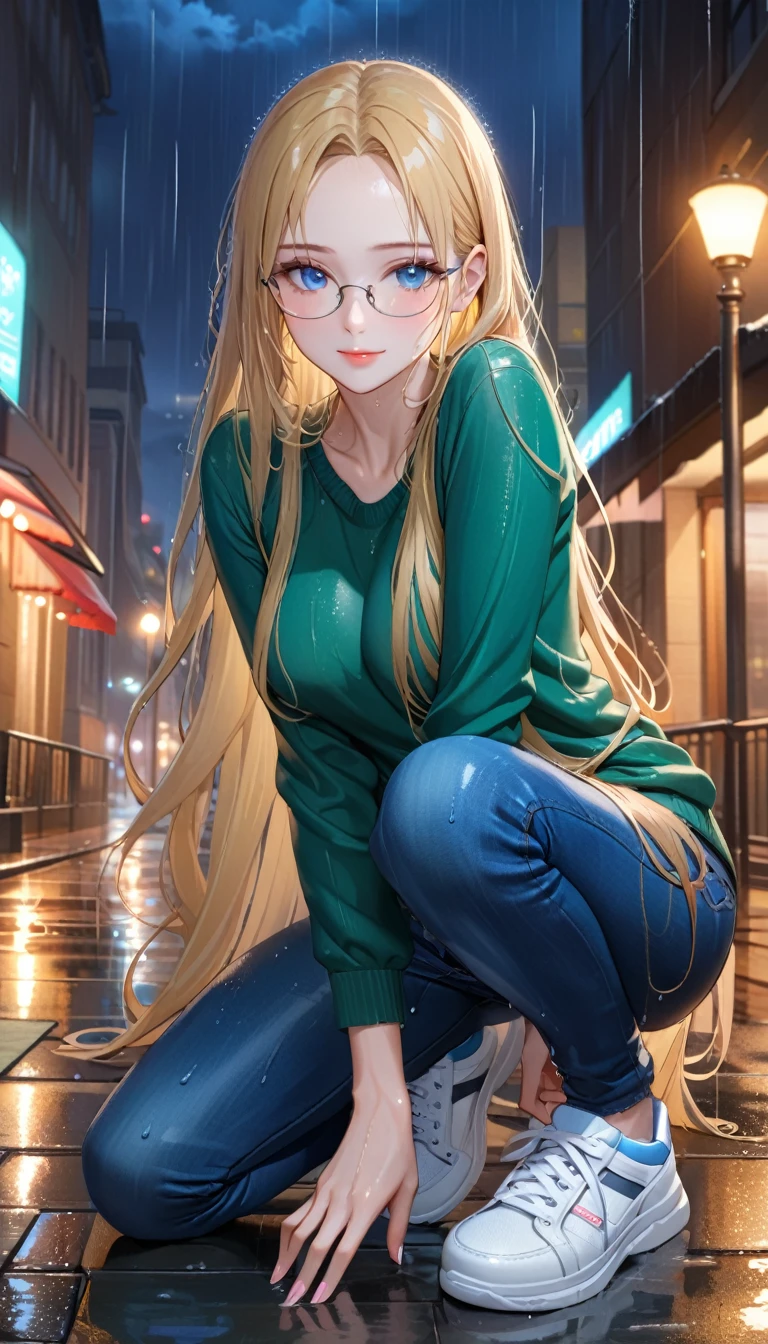 ((best quality, masterpiece:1.3, 8K)), (detailed), highly detailed face and skin texture, detailed eyes, (seductive pose:1.1), downtown, night time, rain, raining, in the rain, full body, (slender body:1.1), 1girl, 25 years old, white skin, blue eyes, reading glasses, bright lips, seductive smile, blonde hair, straight hair, long hair, wet hair, (forehead:1.0), green sweater, jeans pants, skinny jeans, blue jeans, white sneakers, wet clothes,