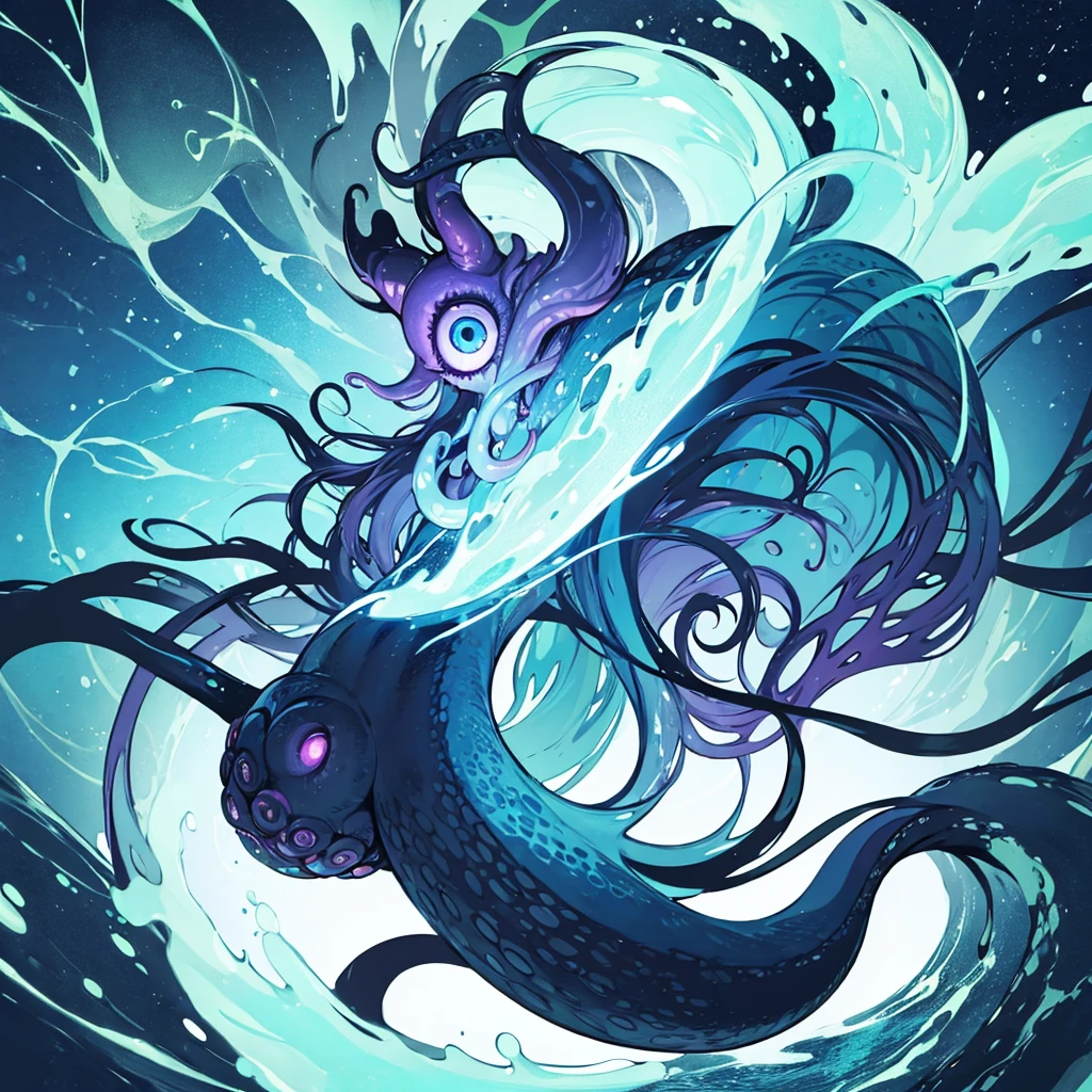 (((No humans)))、An alien tentacle creature with tentacles branching out from a central body with a single large eye、From the side、From above