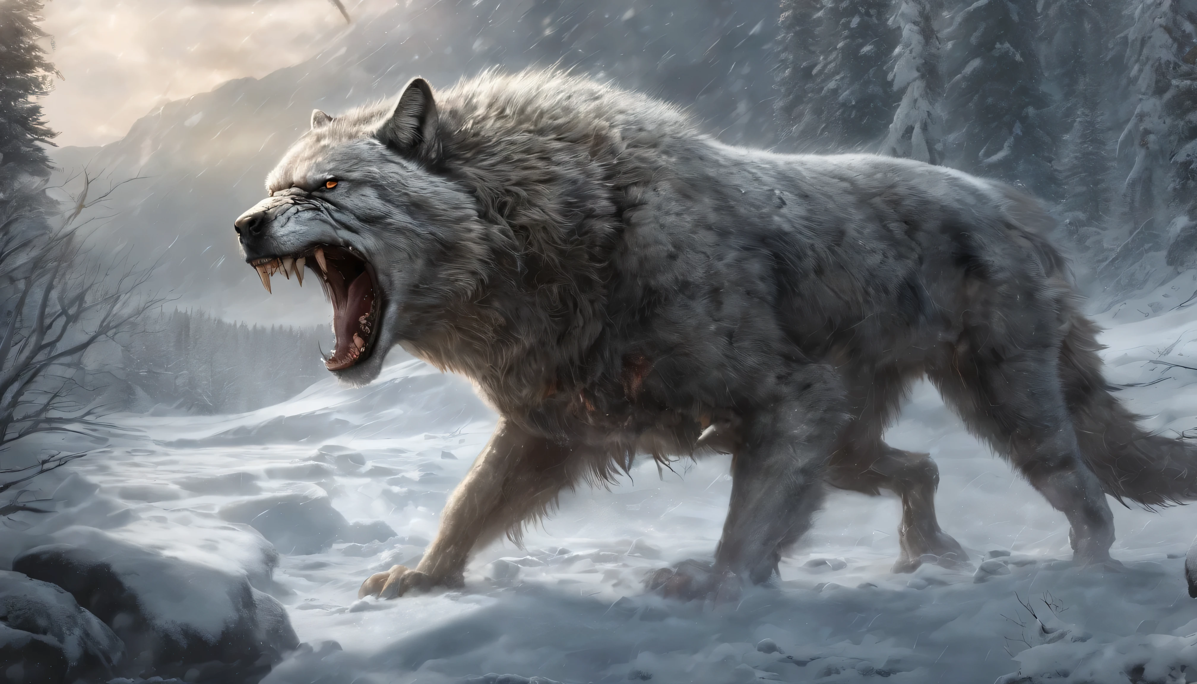 Amidst a raging snowstorm, emerging from the shadows, a tall, masculine, and immensely lean mascular injured, exhausted covered in blood,grey saber-tooth long flowing mane around his neck with huge, massive and big fangs reaching his chest with long tail moving forward with a badass demeanor. Each muscle on his body is distinctly visible, sculpted in a manner that exudes raw power and dominance, dripping with water from the melting ice that once encased him.
His enormous fangs protrude menacingly from his mouth, a testament to his predatory prowess. Blood drips from numerous scars that decorate his robust frame, evidence of a victorious battle with a pack of gray wolves, whose lifeless bodies now lay scattered around him.
His eyes are a striking red and blue bicolor, glowing intensely as if charged with some primordial energy, cutting through the heavy snowfall with their eerie light. His entire presence is both fearsome and awe-inspiring, a master of his frozen domain.
From a side angle in a long-shot view, you can see his full body, each sinew and contour exaggerated by the harsh, snowy backdrop. The snow swirls violently around him, adding to the dramatic scene, as he walks with a deliberate, confident stride, undeterred by the severe weather. The relentless snowstorm howls in the background, but the saber-tooth remains a focal point, a formidable force of nature, emerging victorious from the chaos