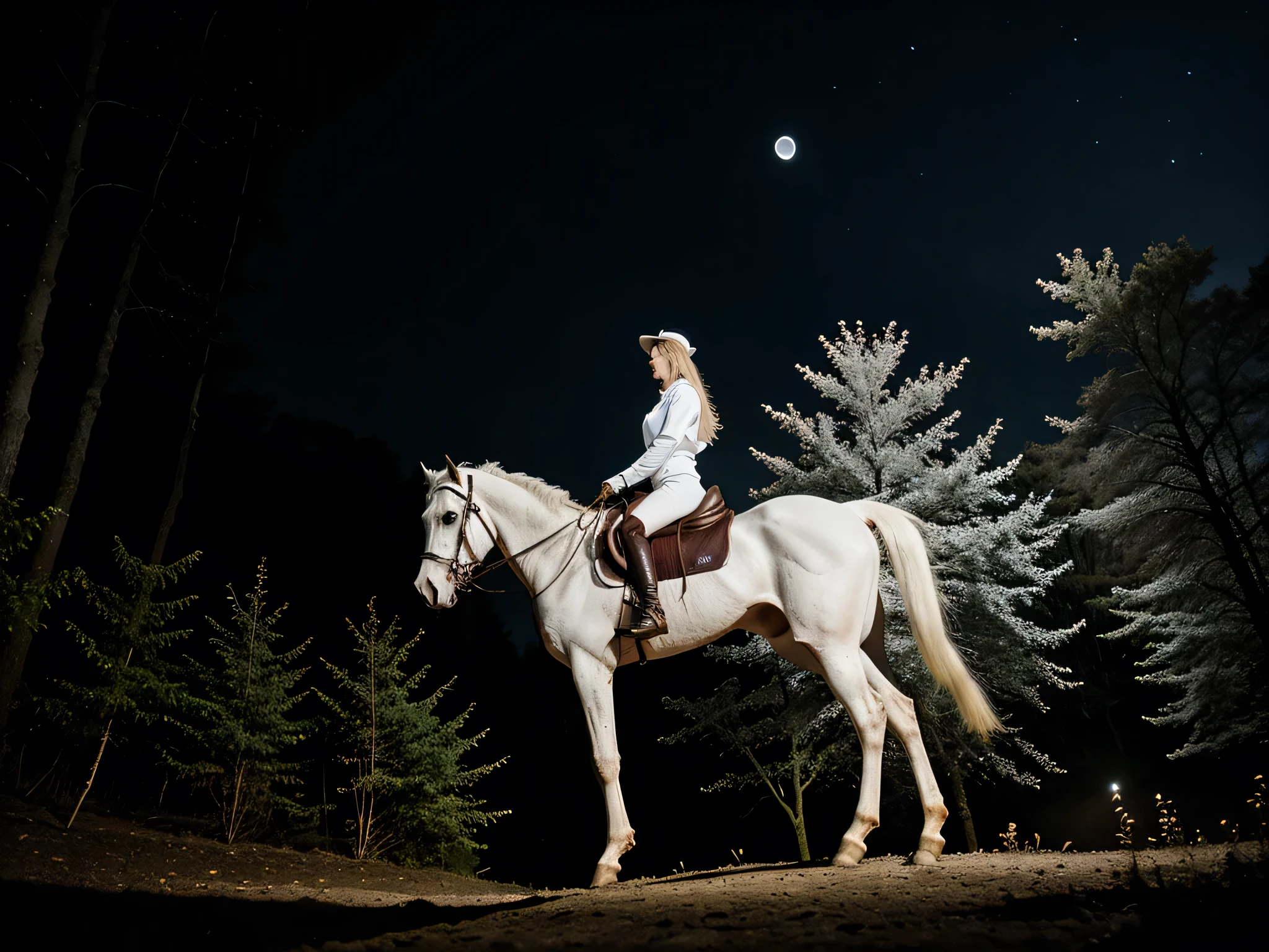 A white horse with a headless rider stands on the edge of a forest on a moonlit night.