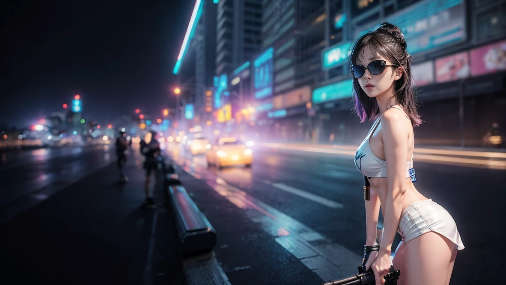 8k, Realistic Skin Texture, Realistic Photo, Neo Tokyo, slim women, large-breast:1.3 cleavage:1.2, AD2050 at night, Dirty hunting jacket, Wearing tube top, miniskirt, (((black sunglasses, automatic rifle, sneakers, cold, shooting pose, very low angle view))), Innovative composition, revenge, cyberpunk, blade runner worldview, Large neon sign, Geisha hologram sign, Strong Wakamoto Sign.