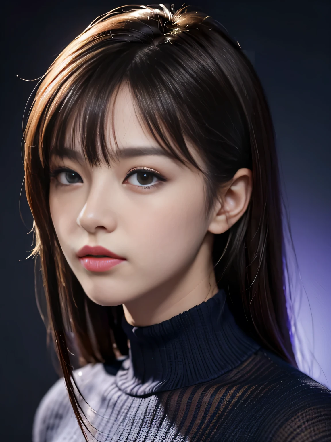 masterpiece, best quality, ultra-detailed, intricately detailed hyperdetailed, realistic, sharp features, highly detailed, sharp focus, (Japanese idol), 19 years old, perfect face, (perfect and delicate gray eyes), perfect lips, flexible female form, cinematic, hyper detailed, hyper realistic, high resolution, gloomy shadow, brown hair, messy hair, Black sweater, portrait, head shot, blue and purple background, (Dark room:1.3), (Dimly light:1.3), (Dark night:1.3), Indoors, (dark fantasy), ((deep Blue hour)), 