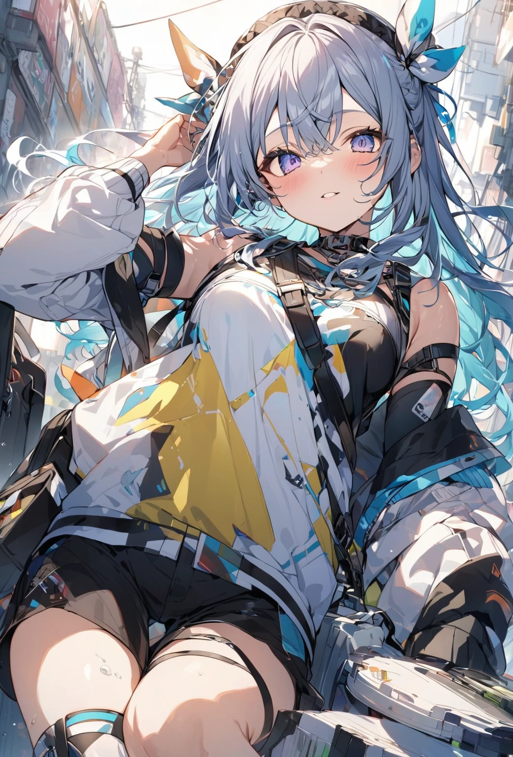 ((Highest quality)), ((masterpiece)), ((Very detailed)), (Very mature),A cute, gentle-looking female high school student with black hair and a height of about 165cm.,A female high school student with big breasts and a cute smile wearing a transparent blue waifus with a cute patterned hood and bare shoulders, A gentle woman with a slightly long vertical face,Small Faced Woman,alone, Cute attitude,(background(bright),Long Hair - Straight,Knee-high socks、A transparent blue veil with a cute pattern and white hood with off-the-shoulder sleeves,White wall、Sitting、Facing the viewer、縁に模様がある壁が1面のbackground