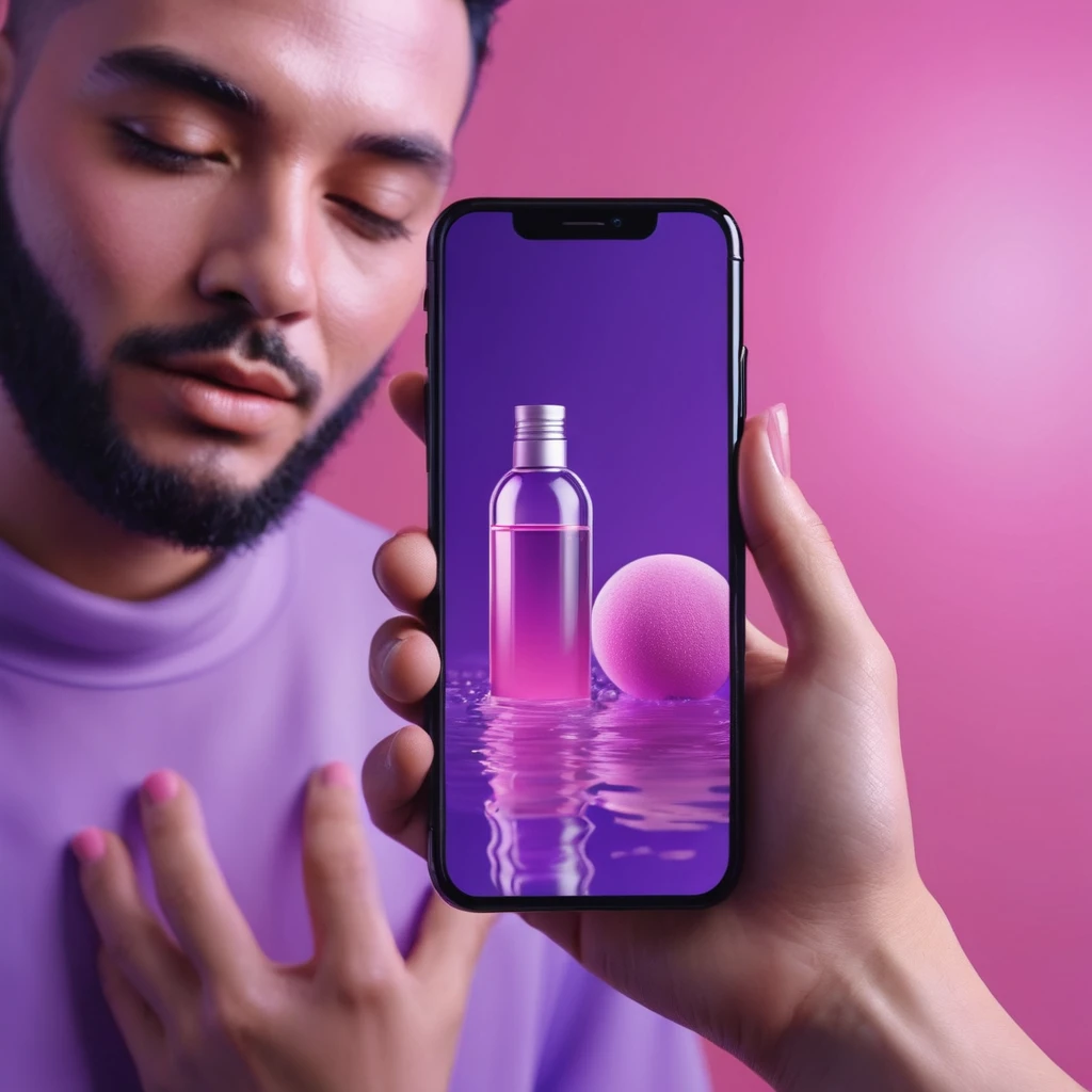 smartphone in his hand, blackhair male hands holding purple bottle of massage oil to her face, that is glowing with pink and purple colours, dripping wet, closeup macro photo, minimalistic, in a light purple and pink style, with soft edges and blurred details, in the toycore style, with a 3D render, on a colorful background, with a minimalist stage design, in a surreal style, with a cinema4D rendering, with a minimalist style, with low saturation, using gradient colors, with a cinema4D rendering, with a blender rendering, with super detail, at a super high resolution, at a super high definition