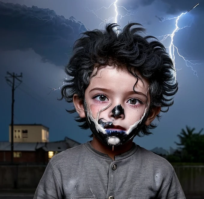 A little boy was electrocuted by lightning on his way to school and was left covered in soot and in tatters