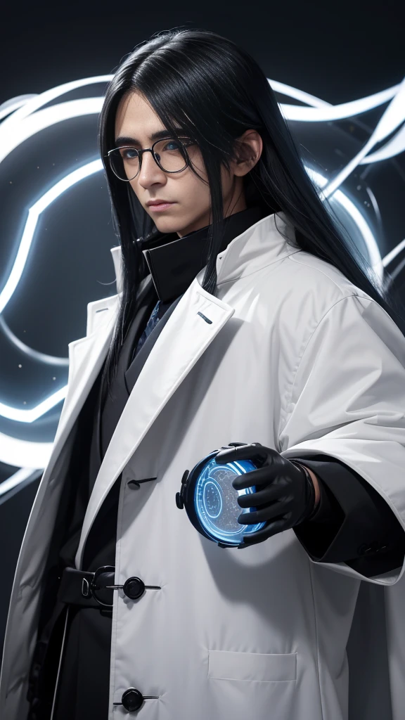 A man ,small blue glowing eyes,white eyelashes, white long hair, wearing a small round black glasses which is not covering his eyes, he is wearing a black coat , his skintone is light,((Saturo Gojo))