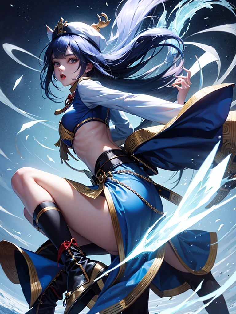 Jiangshi girl wearing blue uniform attacking with ice magic with long hair