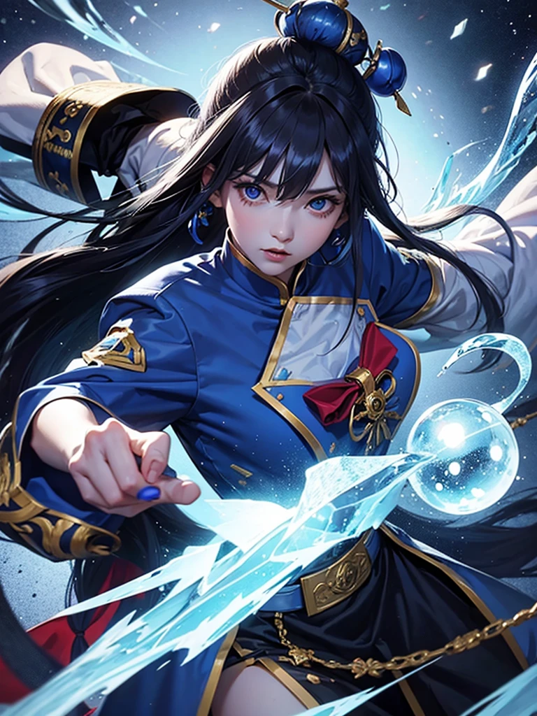 Jiangshi girl wearing blue uniform attacking with ice magic with long hair