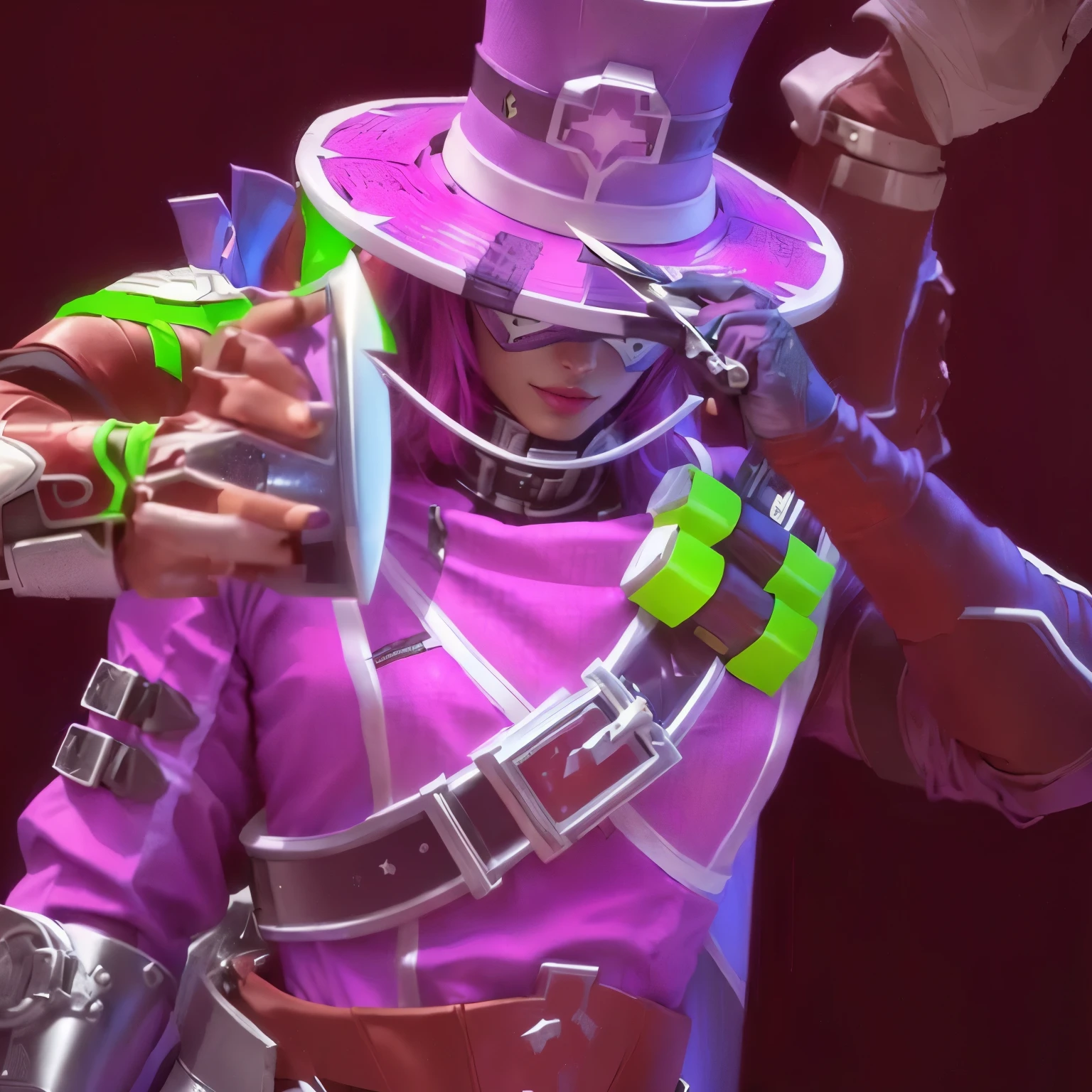 a close up of a person in a purple outfit holding a knife, fuchsia skin beneath the armor, fuchsia skin below the armor, chromatic skin, fuchsia skin, before lisa pegajosa, style of starfinder, witch - doctor, fuchsia skin, slick pink armor, zepeli gyroscope, smooth fuchsia skin, bright fuchsia skin comic homem masculino mascarado