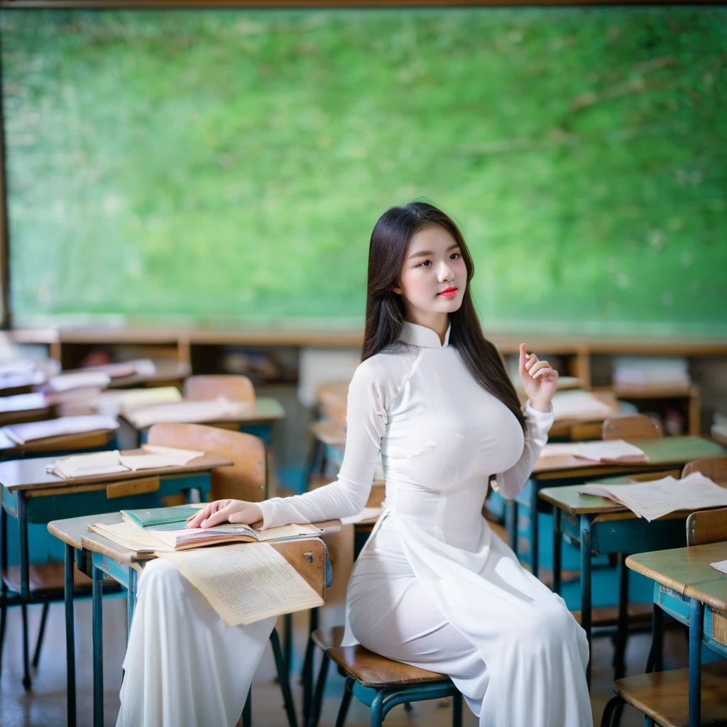 ((Ao Dai, big breasts, beautiful breasts, sitting on a chair in the classroom, attentively looking at the teacher lecturing, 8k quality photo with good details))