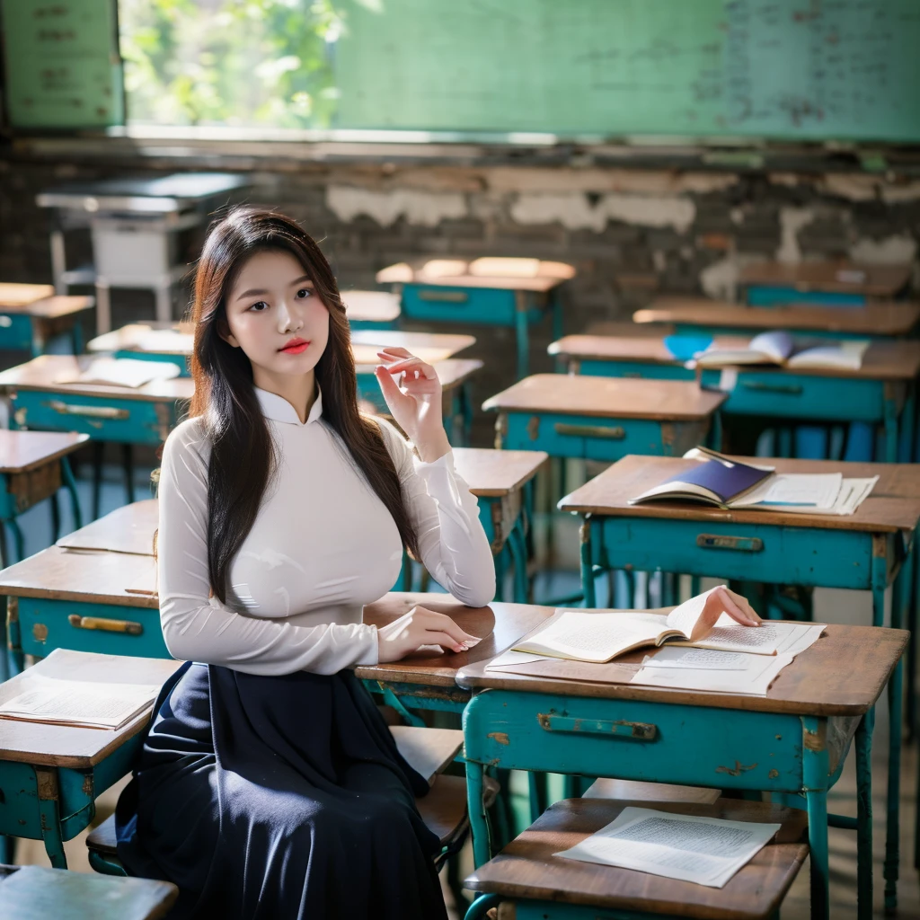 ((Ao Dai, big breasts, beautiful breasts, sitting on a chair in the classroom, attentively looking at the teacher lecturing, 8k quality photo with good details))