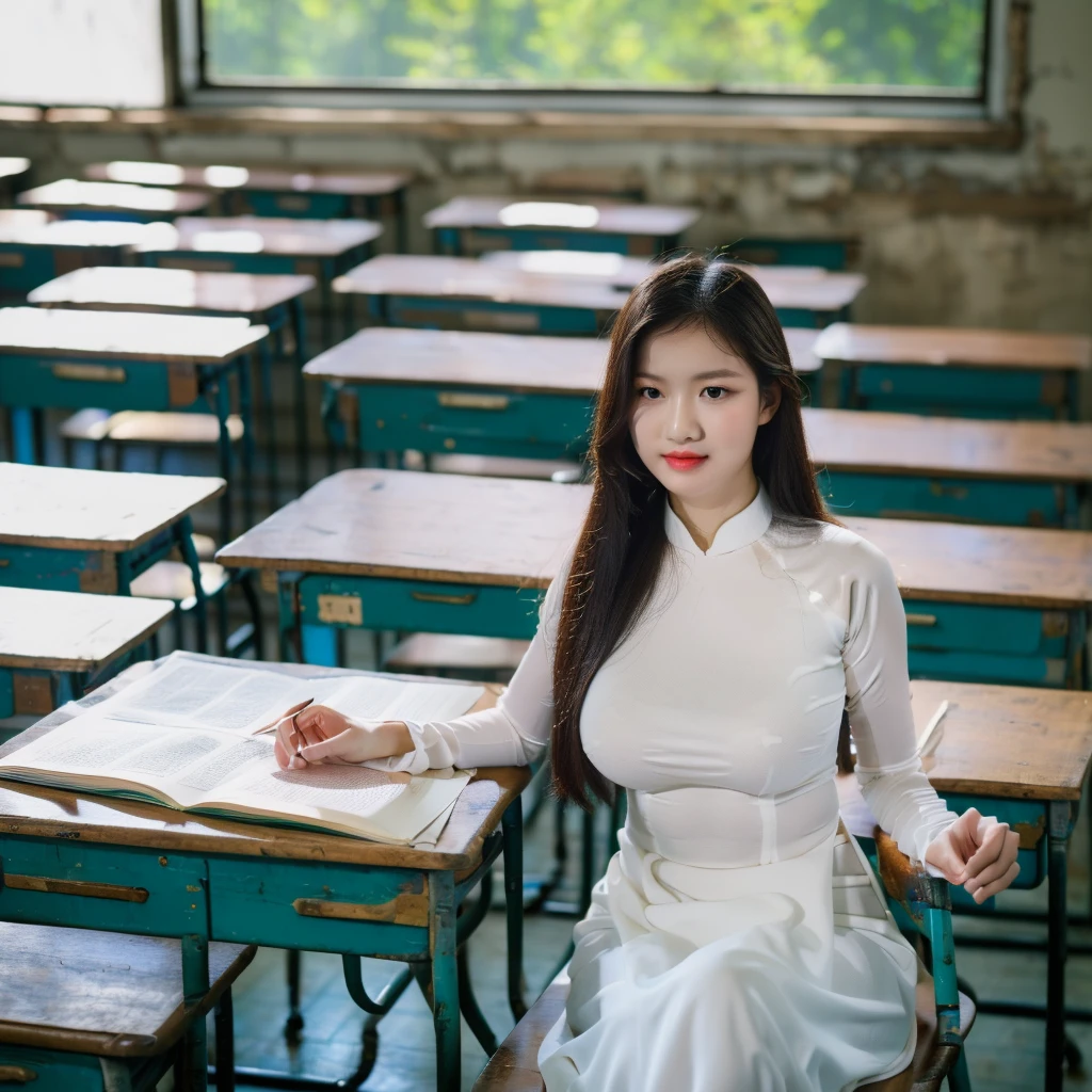 ((Ao Dai, big breasts, beautiful breasts, sitting on a chair in the classroom, attentively looking at the teacher lecturing, 8k quality photo with good details))