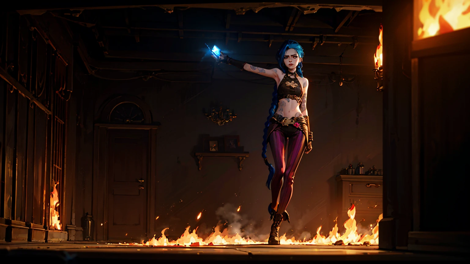 (masterpiece, Best quality), 1 girl, portrait, very sexy, crazy look, smile, crying, pink tears, tears on the cheeks, tears from eyes, full length (full body 1.1.), очень feminine, fighting stance, battle, fire, explosions, burning city, Beautiful waist, gloomy composition, flame, fire, Flash, very beautiful, feminine, long hair, hair braided in long braids, very sexy, tight leather pants, emphasis on the eyes, face accent, Beautiful face, Hands, Hair, Haired ponytail, red purple eyes, Джинкс crying, Blue cloud tattoo, (masterpiece, Best quality), Side lighting, beautiful detailed eyes, crazy face), (Best quality), (masterpiece), magic photography, Spectacular lighting, Photorealism, ultra detailed, интимная portraitная композиция, 1. 4,8 k UHD, aesthetic, Cd., A high resolution, 8 k, better lighting, Best shade, Ultra-HD, A high resolution, sharp focus, Complex background, Cinematic lighting, ((Landscape view)), 4K block, (better lighting), ((Cinematic lighting)),