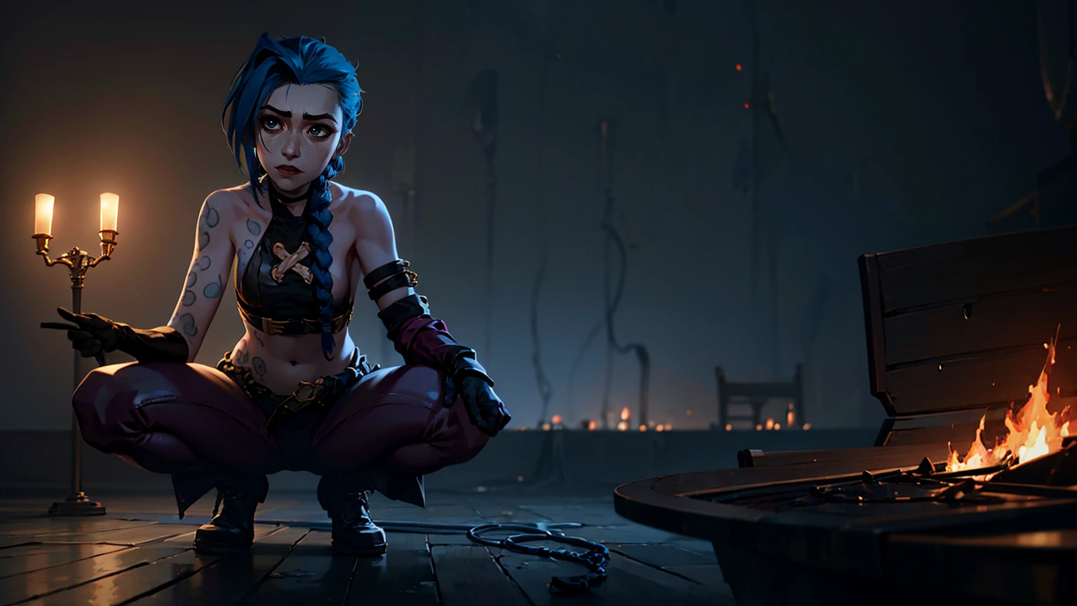 (masterpiece, Best quality), 1 girl, portrait, very sexy, crazy look, smile, crying, pink tears, tears on the cheeks, tears from eyes, full length (full body 1.1.), очень feminine, fighting stance, battle, fire, explosions, burning city, Beautiful waist, gloomy composition, flame, fire, Flash, very beautiful, feminine, long hair, hair braided in long braids, very sexy, tight leather pants, emphasis on the eyes, face accent, Beautiful face, Hands, Hair, Haired ponytail, red purple eyes, Джинкс crying, Blue cloud tattoo, (masterpiece, Best quality), Side lighting, beautiful detailed eyes, crazy face), (Best quality), (masterpiece), magic photography, Spectacular lighting, Photorealism, ultra detailed, интимная portraitная композиция, 1. 4,8 k UHD, aesthetic, Cd., A high resolution, 8 k, better lighting, Best shade, Ultra-HD, A high resolution, sharp focus, Complex background, Cinematic lighting, ((Landscape view)), 4K block, (better lighting), ((Cinematic lighting)),
