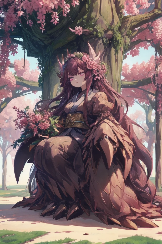 masterpiece, best quality, extremely detailed, anime, {{plant thorny shrub around her}}, monster girl, alraune,{huge flowers on head}, underbody into cherry blossom flower, {{fusion of cherry blossom and girl, }}, Cherry-blossom color hair, crimson eyes, hair so long it reaches the ground, pink kimono, Viran,prostitute, different world, Weapons Japanese Sword, The Wizard of Cherry 、,Florabeast,plant girl