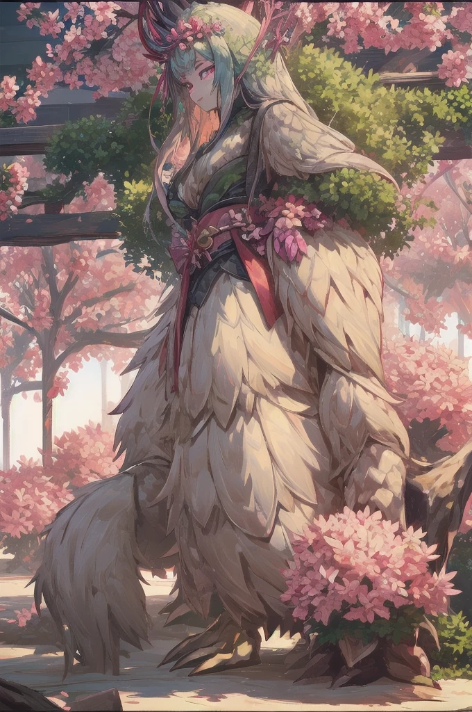masterpiece, best quality, extremely detailed, anime, {{plant thorny shrub around her}}, monster girl, alraune,{huge flowers on head}, underbody into cherry blossom flower, {{fusion of cherry blossom and girl, }}, Cherry-blossom color hair, crimson eyes, hair so long it reaches the ground, pink kimono, Viran,prostitute, different world, Weapons Japanese Sword, The Wizard of Cherry 、,Florabeast,plant girl