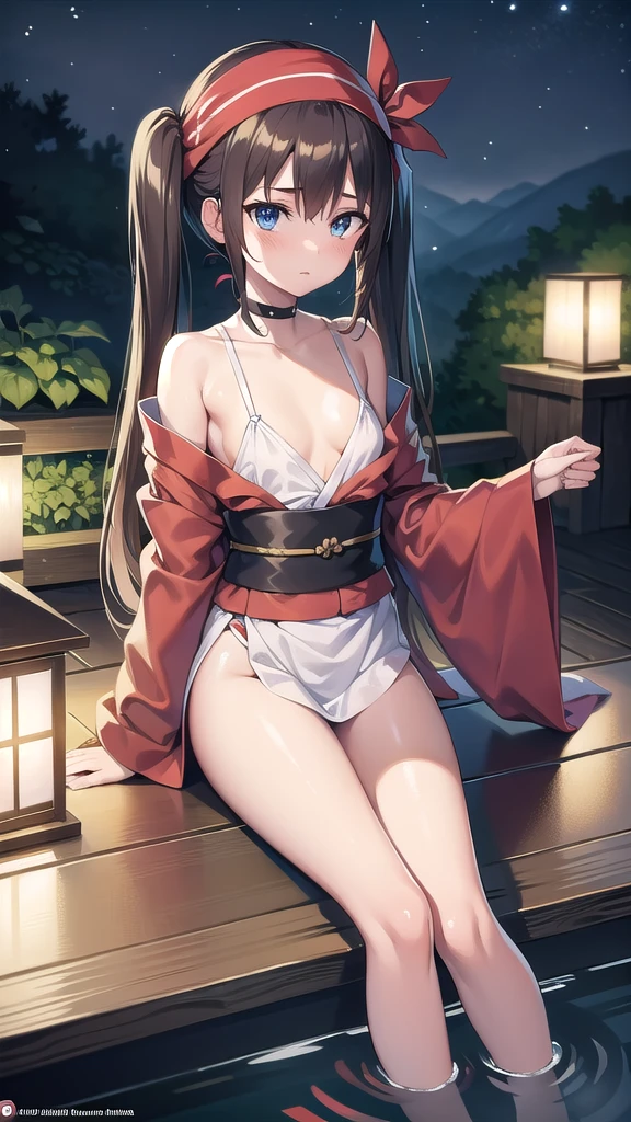 pokemonmay, pokemonmay, blue eyes, brown hair, bandana, long hair,bandana, twintails, hair between eyes, (small breasts:1.2),
BREAK japanese clothes,kimono,wet kimano, yukata,cleavege,neckline,black choker,
BREAK looking at viewer, 
BREAK outdoors, onsen,night,steam,wet,stars,starfall,hot water,
BREAK (masterpiece:1.2), best quality, high resolution, unity 8k wallpaper, (illustration:0.8), (beautiful detailed eyes:1.6), extremely detailed face, perfect lighting, extremely detailed CG, (perfect hands, perfect anatomy),full body,laying on floor,from above,