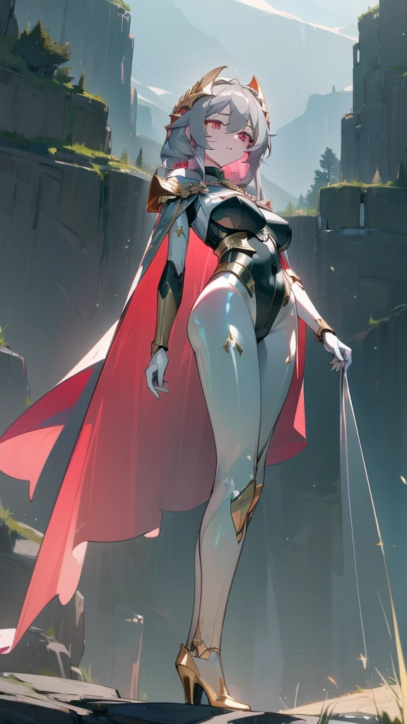 art, 8k, masterpiece, (front), divine, green_lightnings, (Fu_Hua), (Herrscher_of_Sentience), grey_hair, red_eyes, (large_breasts), (plug_suit), greek_clothing, white_bodysuit, glowing_bodysuit, pink_accents, green_crystal_on_chest, high_heels, (mystical_armor), glowing_cape, armor, gold