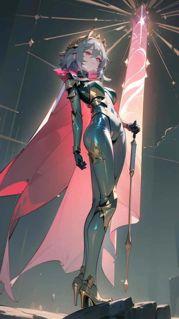 art, 8k, masterpiece, (front), divine, green_lightnings, (Fu_Hua), (Herrscher_of_Sentience), grey_hair, red_eyes, (large_breasts), (plug_suit), greek_clothing, white_bodysuit, glowing_bodysuit, pink_accents, green_crystal_on_chest, high_heels, (mystical_armor), glowing_cape, armor, gold