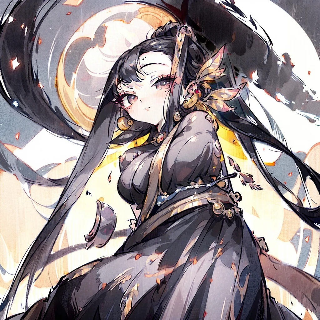 My character has black hair, black eyes and a black and gold ball gown, She is a woman and has a moon-shaped birthmark on her face.