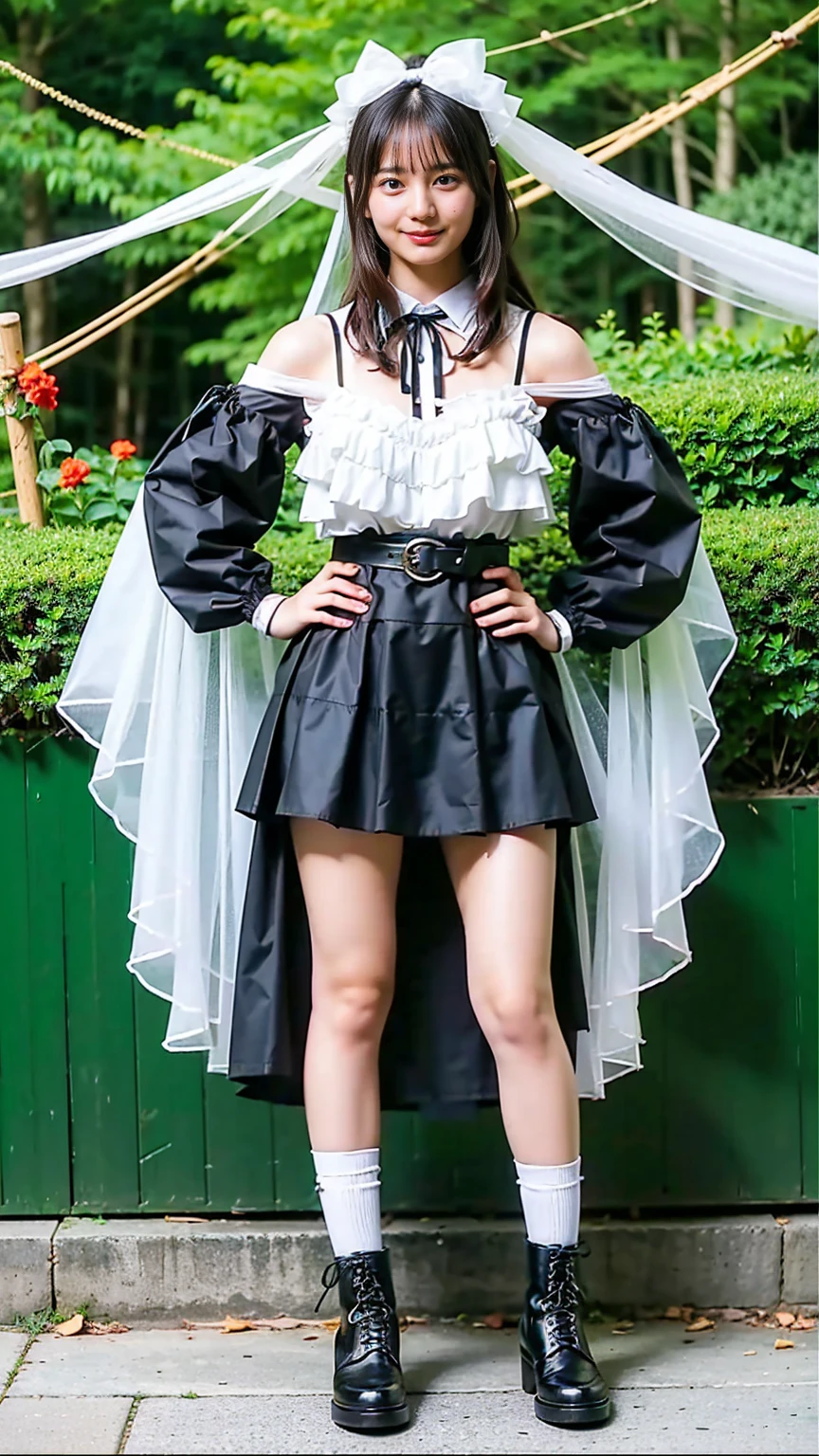 (8K、RAW Photos、Highest quality、masterpiece:1.2)、(Realistic、Realistic)、1 Girl、((mini skirt、Black and white、Thin legs、whole body、boots、Clothes with ribbons、Anime Costumes、Chest ribbon、Off the shoulder、See-through、Frills、garden、smile、View from the front、Ribbon on chest、Looking into the camera、belt、Stand with hands on hips))、