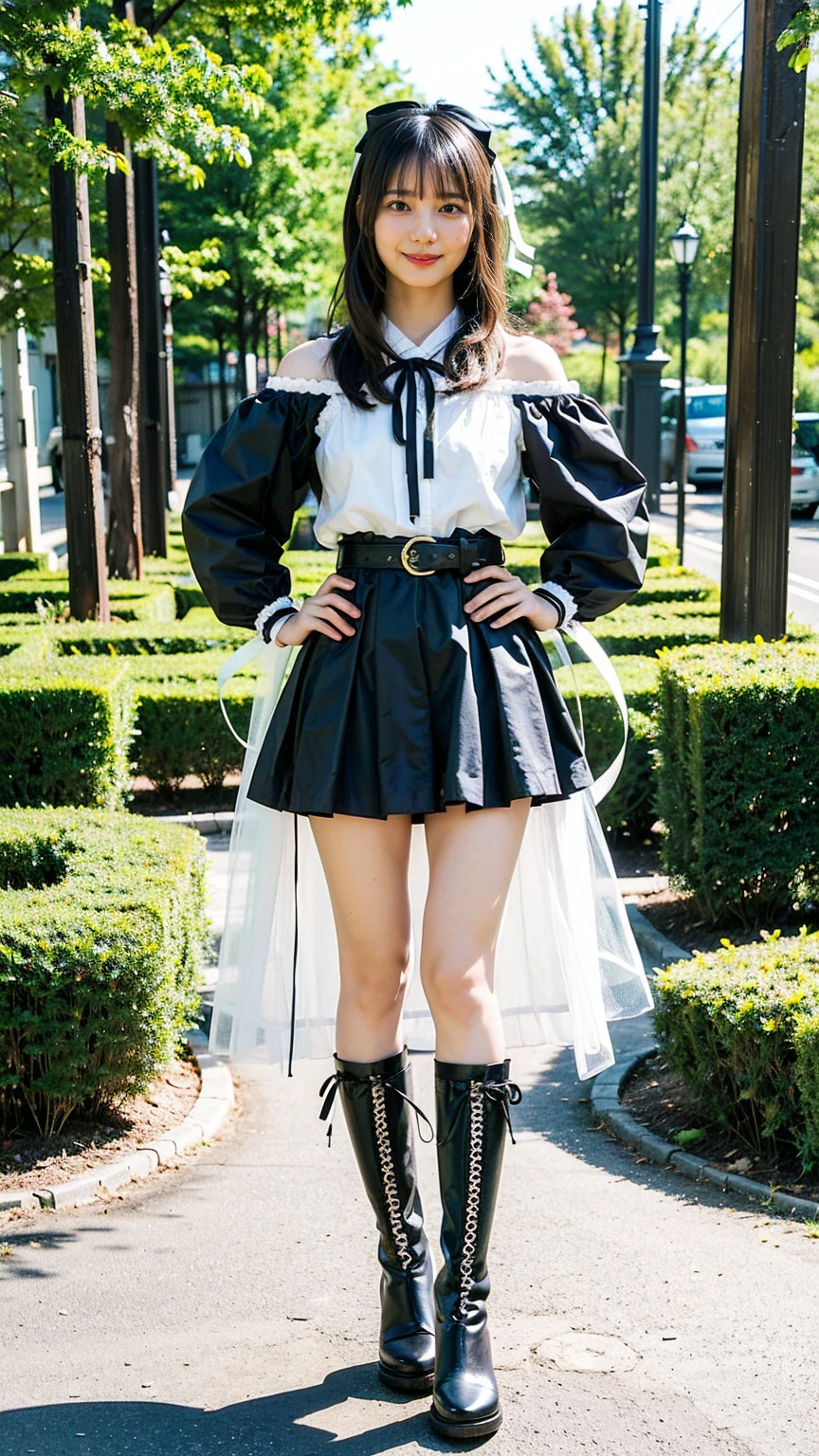 (8K、RAW Photos、Highest quality、masterpiece:1.2)、(Realistic、Realistic)、1 Girl、((mini skirt、Black and white、Thin legs、whole body、boots、Clothes with ribbons、Anime Costumes、Chest ribbon、Off the shoulder、See-through、Frills、garden、smile、View from the front、Ribbon on chest、Looking into the camera、belt、Stand with hands on hips))、