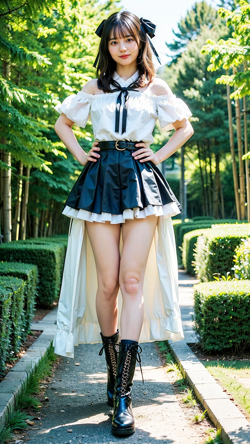 (8K、RAW Photos、Highest quality、masterpiece:1.2)、(Realistic、Realistic)、1 Girl、((mini skirt、Black and white、Thin legs、whole body、boots、Clothes with ribbons、Anime Costumes、Chest ribbon、Off the shoulder、See-through、Frills、garden、smile、View from the front、Ribbon on chest、Looking into the camera、belt、Stand with hands on hips))、
