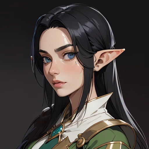 (masterpiece), (best quality),(portrait),(bust up),1girl,solo,(sharp focus),(look at viewer),elf, (black hair),(elf ranger) ,adult, (ancient:1),ancient luxurious long clothes,old school fantasy art,((simple background)),super shiny face