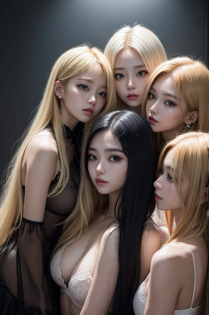 Four kpop girls, together in a dark setting with only them lit, their hair colors are blonde and they are posing for a very beautiful photo