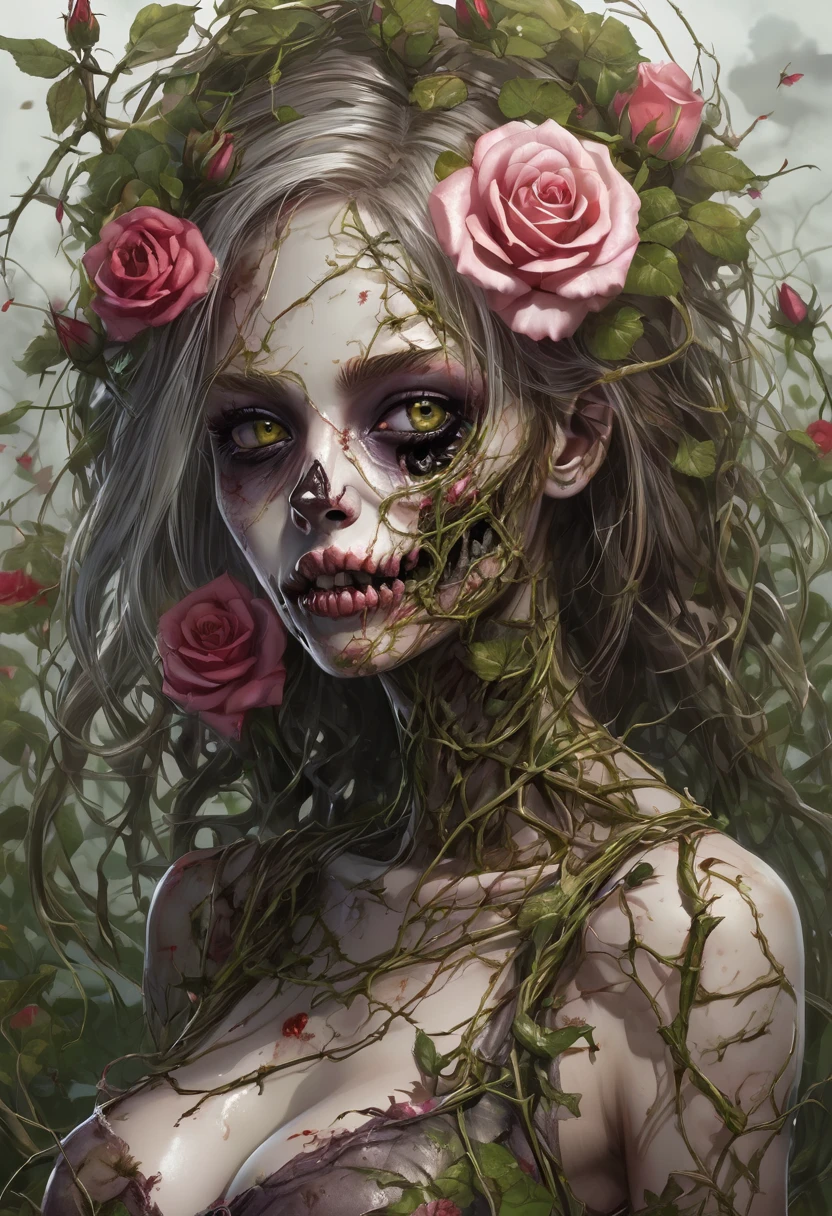 Thorny rose vines entwining around the body of a female zombie:2.0、Wearing a dirty and damaged floral dress、Detailed decayed eyes、Detailed collapsed lips、Highly detailed skull-like face、Pale grass-colored skin、Sunken eye sockets、Big Breasts、Big Butt、The skin of the female zombie&#39;s body is marred by rose thorns、(A struggling female zombie holds up her arms to show her armpits:1.4)、Dark and gritty、Cinematic lighting、High contrast、Gloomy atmosphere、Super detailed、8K、Photorealistic、masterpiece、Horror、Gothic、victorianstyle