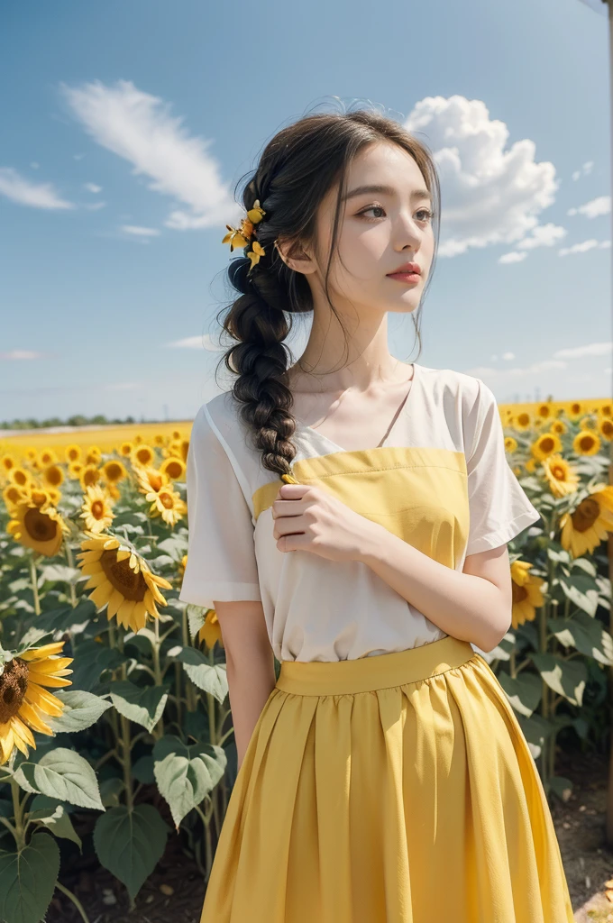 (((best quality))), (((ultra detailed))), (((masterpiece))), illustration, a picturesque scene of a beautiful Ukrainian girl standing amidst a field of sunflowers, short braided hair, vibrant blue shirt,Maxi bright yellow skirt, complementary attire, horizon as backdrop, brilliant shade of blue sky, stark contrast with yellow flowers, sea of yellow sunflowers, girl's presence adds intimacy, striking features, sharp piercing eyes, warm kindness, subtle smile, gentle nature, simplicity of beauty, natural setting, yellow dress cascading to ankles, fluttering in gentle breeze, short braids tied with colorful ribbons, playfulness, beauty in simplicity, girl standing out against vivid backdrop, harmonious fusion of nature's splendor and human grace, viewer captivated by girl's beauty, serenity of sunflower field, invites imagination of tranquility, away from chaos of everyday life, reminder of inherent beauty in world around us, waiting to be discovered