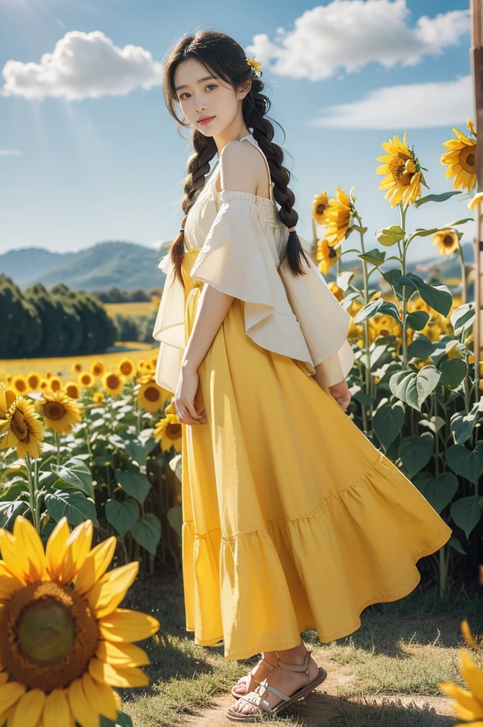 (((best quality))), (((ultra detailed))), (((masterpiece))), illustration, a picturesque scene of a beautiful Ukrainian girl standing amidst a field of sunflowers, short braided hair, vibrant blue shirt,Maxi bright yellow skirt, complementary attire, horizon as backdrop, brilliant shade of blue sky, stark contrast with yellow flowers, sea of yellow sunflowers, girl's presence adds intimacy, striking features, sharp piercing eyes, warm kindness, subtle smile, gentle nature, simplicity of beauty, natural setting, yellow dress cascading to ankles, fluttering in gentle breeze, short braids tied with colorful ribbons, playfulness, beauty in simplicity, girl standing out against vivid backdrop, harmonious fusion of nature's splendor and human grace, viewer captivated by girl's beauty, serenity of sunflower field, invites imagination of tranquility, away from chaos of everyday life, reminder of inherent beauty in world around us, waiting to be discovered