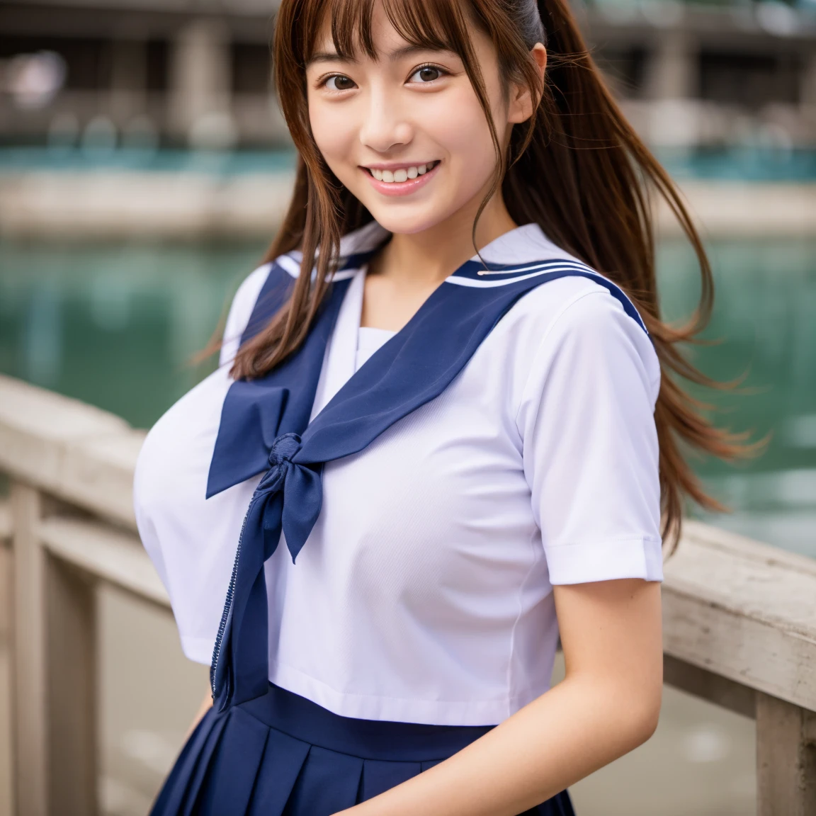 Highest quality,Best Images,Japanese,Big Breasts,Long brown hair,beautiful girl,Sailor suit,smile