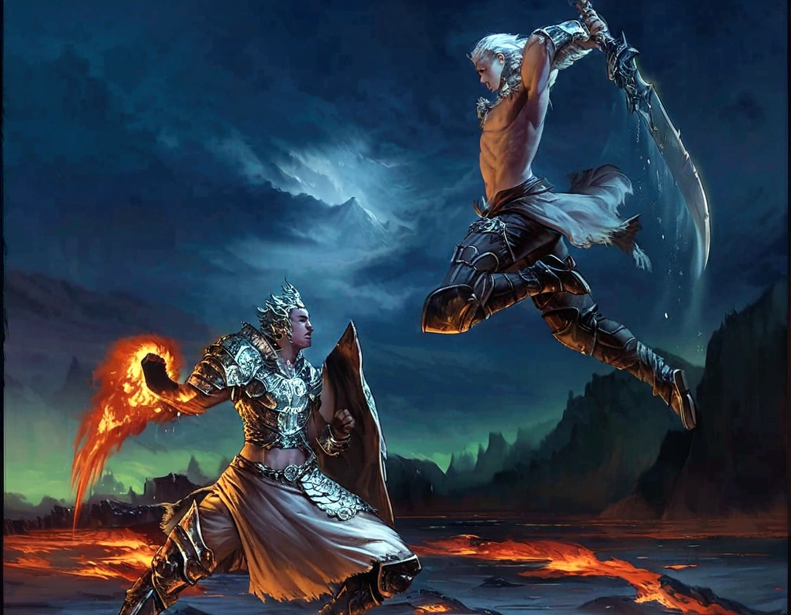 there are two men fighting, one of them attacks with his sword and the other is defending the attack with a kind of telekinesis barrier, creating a strong defense, while in your other hand you are casting a fire attack, in a dark sky, epic fantasy art style hd, epic fantasy digital art style, epic fantasy art style, d & d fantasy digital art, ice and fire, battle between good and evil, epic fantasy digital art, por Daryush Shokof, epic fantasy style art, epic RPG art, Epic Fantasy Character Art