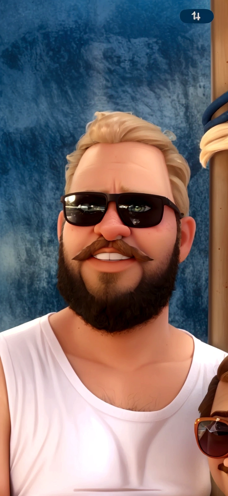 crie um homem, 32 years old, sitting inside the bus , with sunglasses, blondie hair, dark beard, light mustache, parted hair, plumpness, disney pixar style