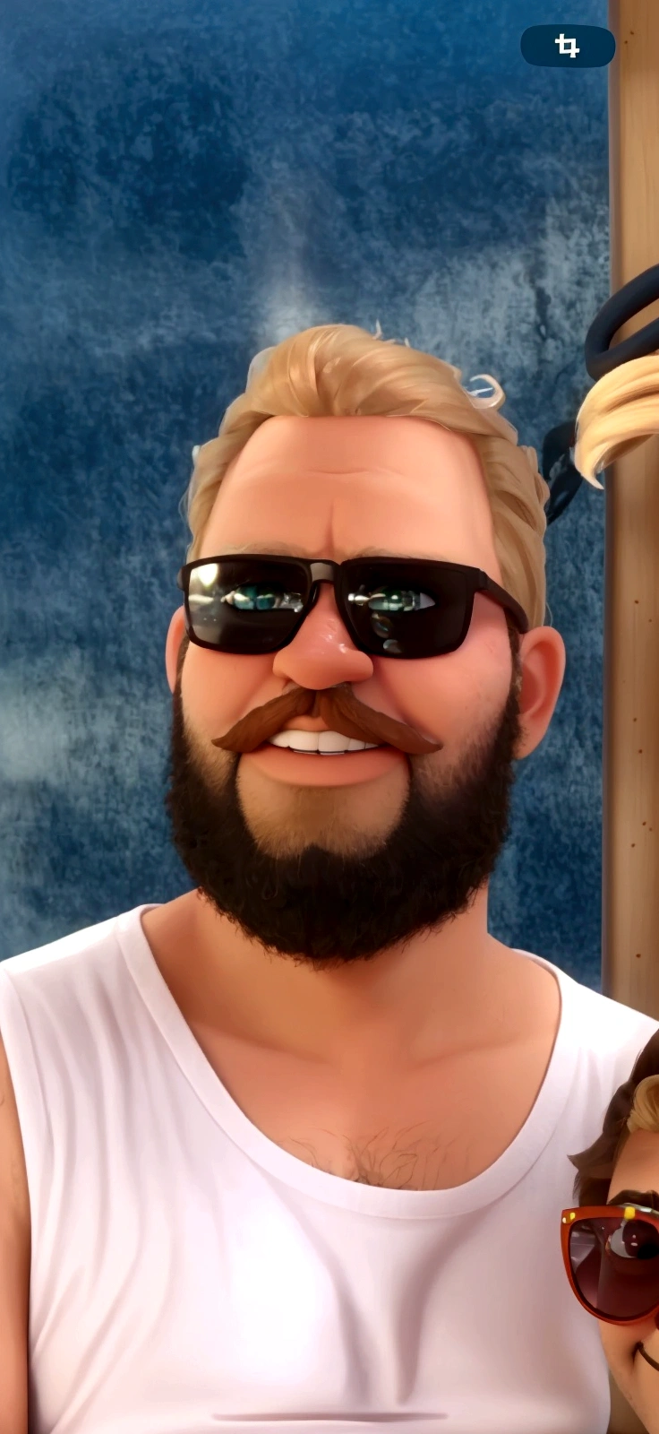 crie um homem, 32 years old, sitting inside the bus , with sunglasses, blondie hair, dark beard, light mustache, parted hair, plumpness, disney pixar style