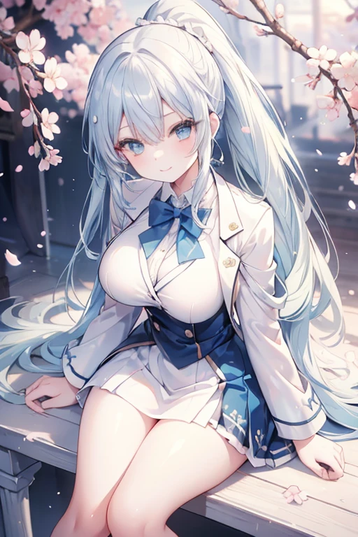 young girl, blue silver hair, blue green eyes,beautiful and detailed eyes, big breasts, long hair,European ponytail hairstyle , happy smile, White shirt,white blazer, black mini skirt, (cherry blossom garden )