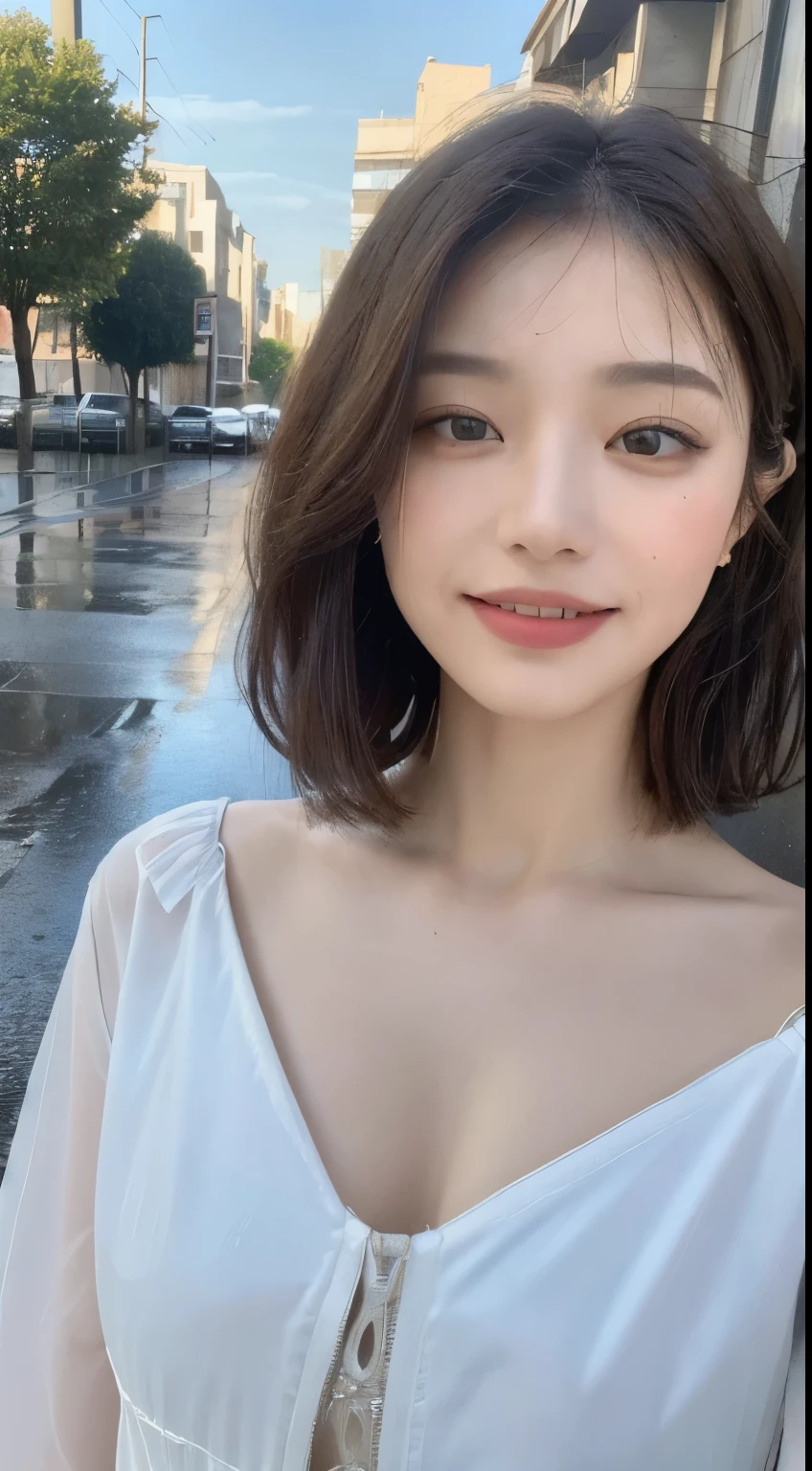 ((Highest quality, 8K, masterpiece:1.3)), concentrated: 1.2, Perfect Body Beauty: 1.4, Hips: 1.2, ((Layered Haircut, chest: 1.2)), (Wet clothes: 1.1), (rain, street:1.3), Bandeau dress: 1.1, Highly detailed face and skin texture, Beautiful Eyes, double eyelid, Whitening skin, Long Hair, (shut up: 1.3), smile