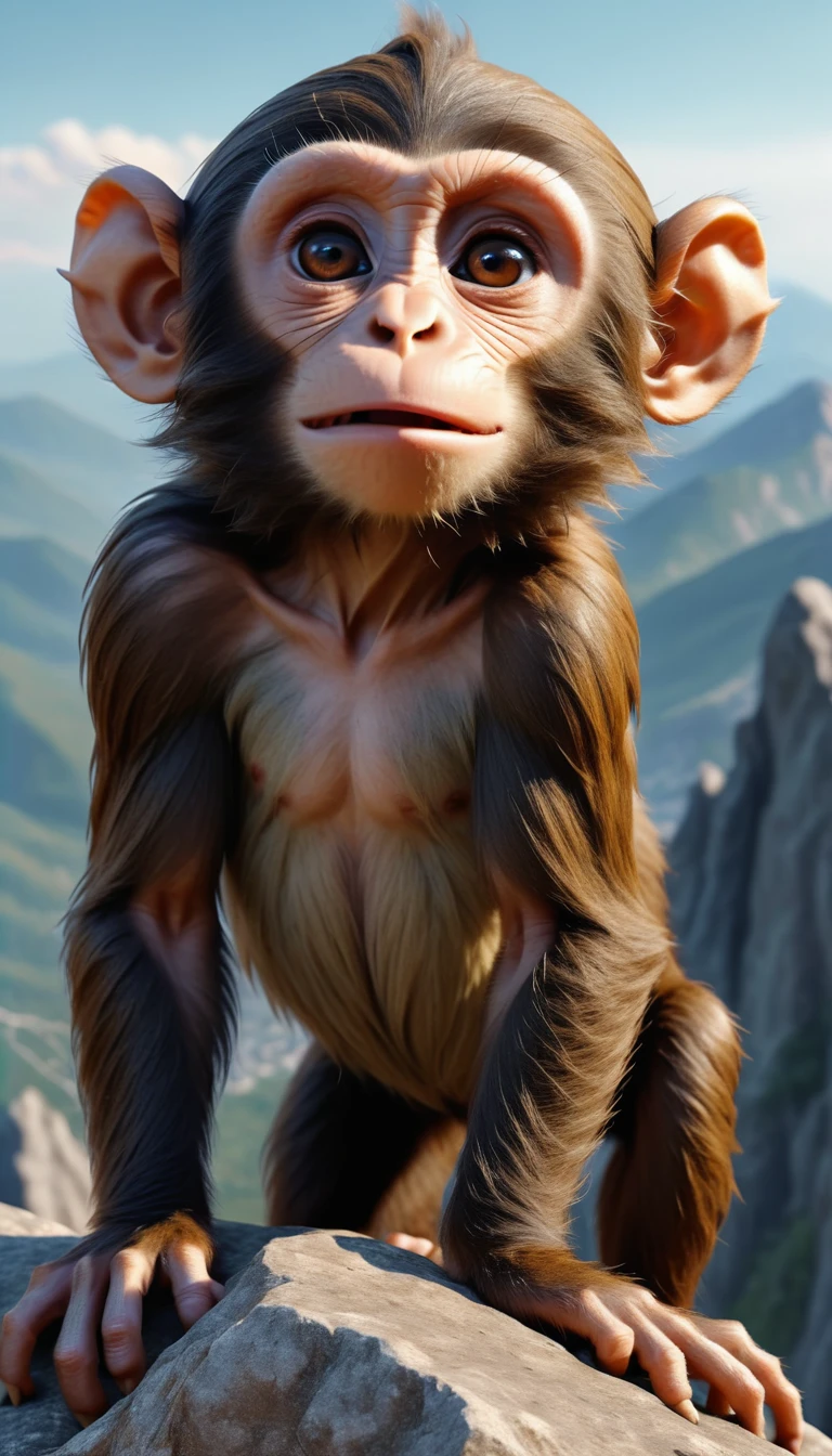 There is a wild beast on the mountain,Looks like a monkey but has four ears(best quality,4K,8K,High level,masterpiece:1.2),Ultra Detailed,(lifelike,Photo real,Photo real:1.37),Highly detailed animals,Realistic lighting,Fantasy Creatures