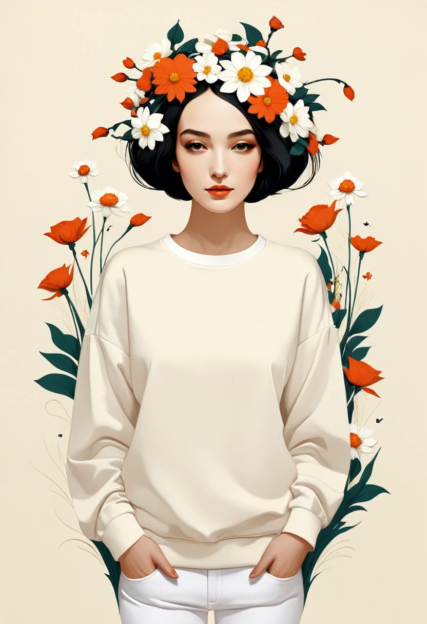 poster design，Lots of huge gift boxes，Flowers，Ribbon，White crewneck shirt，fantasy，Minimalism，fantasy，in style of Hayv Kahraman