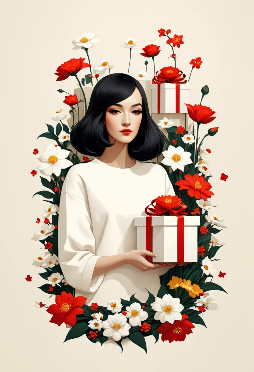 poster design，Lots of huge gift boxes，Flowers，Ribbon，White crewneck shirt，fantasy，Minimalism，fantasy，in style of Hayv Kahraman