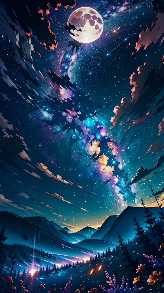 Vast landscape photos, (View from below with a view of the sky and the wilderness below), Little white bear standing in a flower field and looking up, (fullmoon: 1.2), (shooting stars: 0.9), (nebulas: 1.3), distant mountain, Tree Break Production Art, (Warm light source: 1.2), (firefly: 1.2), apples, Purple and orange, intricate detailes, Volume Lighting BREAK (masutepiece: 1.2), (Highest Quality ), 4K, Ultra-detailed, (Dynamic configuration: 1.4), Highly detailed and colorful details (iridescent: 1.2), (Sparkling lighting, Atmospheric lighting), Dreamy, Magical, (Solo: 1.2)