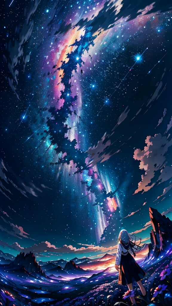 Vast landscape photos, (View from below with a view of the sky and the wilderness below), Little white bear standing in a flower field and looking up, (fullmoon: 1.2), (shooting stars: 0.9), (nebulas: 1.3), distant mountain, Tree Break Production Art, (Warm light source: 1.2), (firefly: 1.2), apples, Purple and orange, intricate detailes, Volume Lighting BREAK (masutepiece: 1.2), (Highest Quality ), 4K, Ultra-detailed, (Dynamic configuration: 1.4), Highly detailed and colorful details (iridescent: 1.2), (Sparkling lighting, Atmospheric lighting), Dreamy, Magical, (Solo: 1.2)