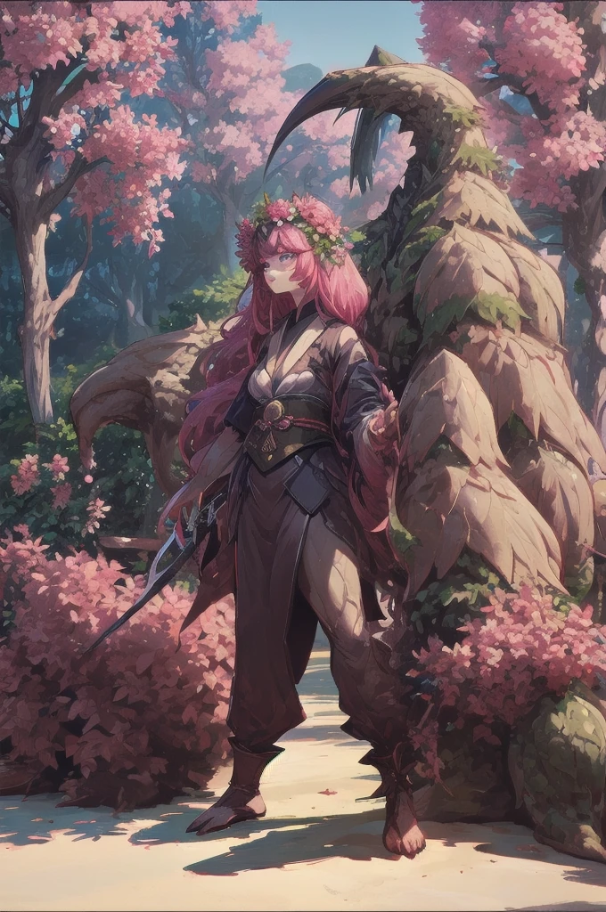 masterpiece, best quality, extremely detailed, anime, {{plant thorny shrub around her}}, monster girl, alraune,{huge flowers on head}, underbody into cherry blossom flower, {{fusion of cherry blossom and girl, }}, Cherry-blossom color hair, crimson eyes, hair so long it reaches the ground, pink kimono, Viran,prostitute, different world, Weapons Japanese Sword, The Wizard of Cherry 、,Florabeast,plant girl