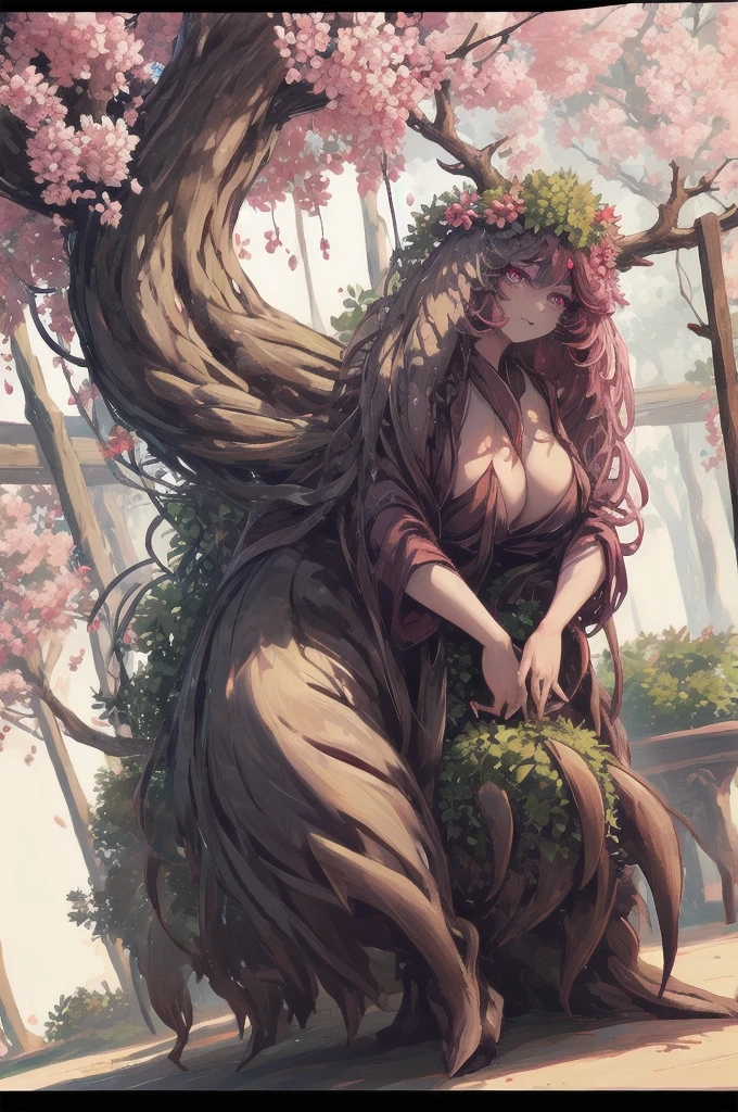 masterpiece, best quality, extremely detailed, anime, {{plant thorny shrub around her}}, monster girl, alraune,{huge flowers on head}, underbody into cherry blossom flower, {{fusion of cherry blossom and girl, }}, Cherry-blossom color hair, crimson eyes, hair so long it reaches the ground, pink kimono, Viran,prostitute, different world, Weapons Japanese Sword, The Wizard of Cherry 、,Florabeast,plant girl