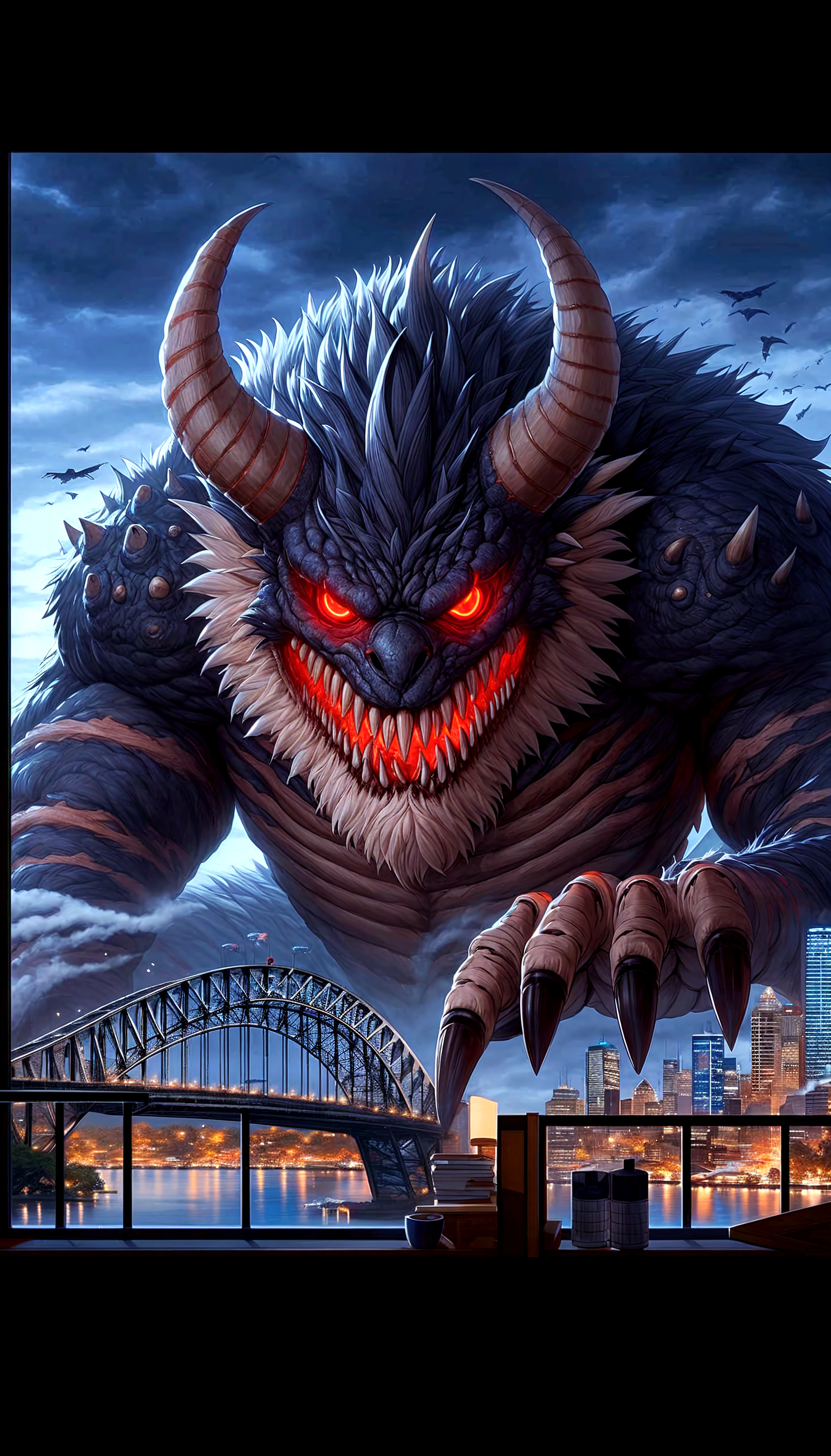 hires,best quality,Illustration of Gomora, the giant monster, standing tall in a cityscape, with its sharp, armored scales glinting in the sunlight, and its menacing glowing eyes fixed on the horizon as it prepares for battle. Its enormous tail swings behind it, crushing buildings in its path, while tiny, panicked civilians flee in the foreground