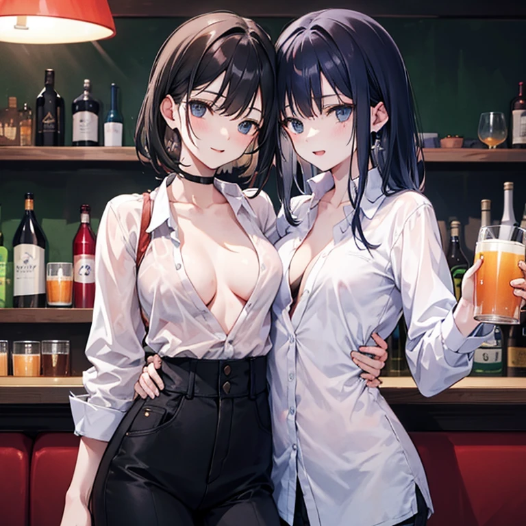 Anime Moe Art Style,Highest quality,High resolution,Anatomically correct,Multiple Girls,Mid-teens,Mr.々Hair style,Super detailed,Big Breasts,Shiny skin,Beautiful Skin,A rich expression,Laughing with your mouth open,high school girl,Undress,Show your chest,Nipples are visible,Lift up your skirt yourself,I can see the shorts,Coffee shop,blazer,Pleated skirt,mini skirt,Eyes drawn in detail,8K