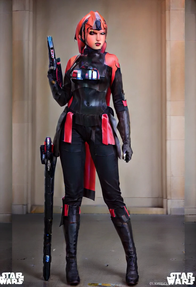 score_9, score_8_up, score_7_up, score_6_up, 2d, rating_questionable, rating_safe, BREAK ((green skin)) Female Twi'lek (((hera syndulla ))), helmet with red visor, star wars, armor,black gloves,tight bodysuit,black cape,black pants, close up, solo, standing, front view, medium breasts, wide hips, holding lightsaber, double edged, action pose, red blade, indoors, sith base, science fiction,
