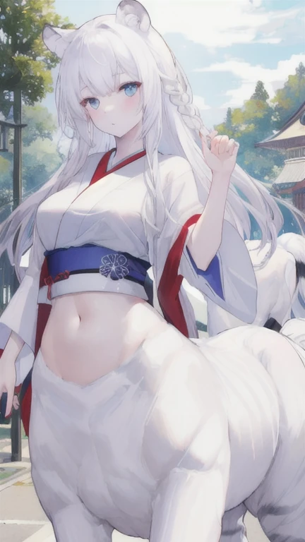 (best quality, masterpiece), 1 girl, centaur, It takes, White skin, Japanese , exposing the abdomen,belly button t-shirt, 아름다운 소녀 perfect white tiger photo, perfect white tiger photo