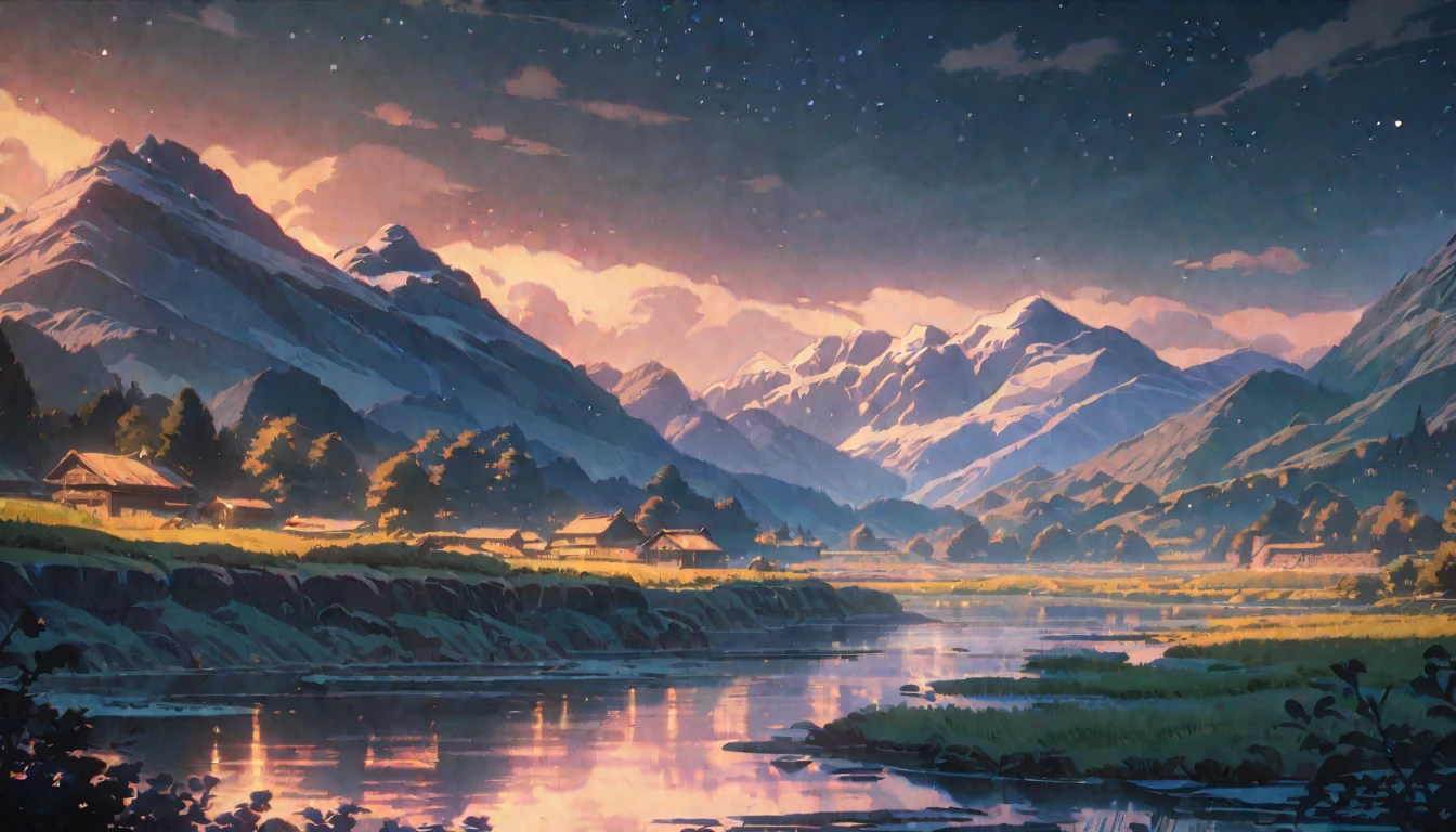 Mountain landscape, dark night, stars, beautiful types, black and dark blue colors, mountain river, calm atmosphere, classic lanscape style, anime aestetic ghibly artstyle, Ghibli-like colours, wide shot, 8k, 4K, highres, best quality, super detail, masterpiece